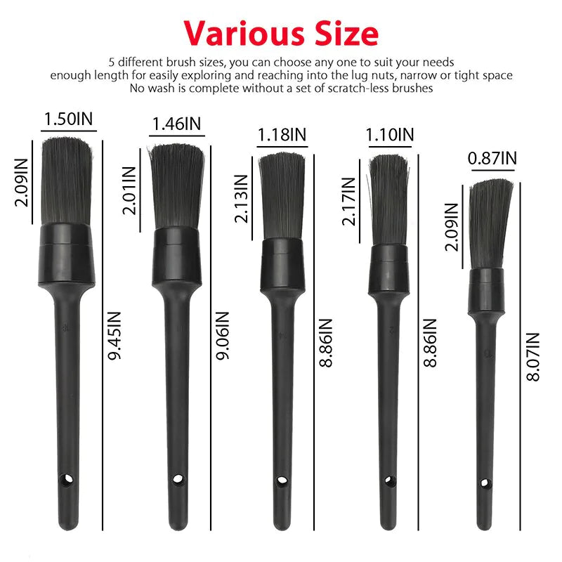 5PC Auto Detailing Brush Set Boar Hair for Wheels & Interiors