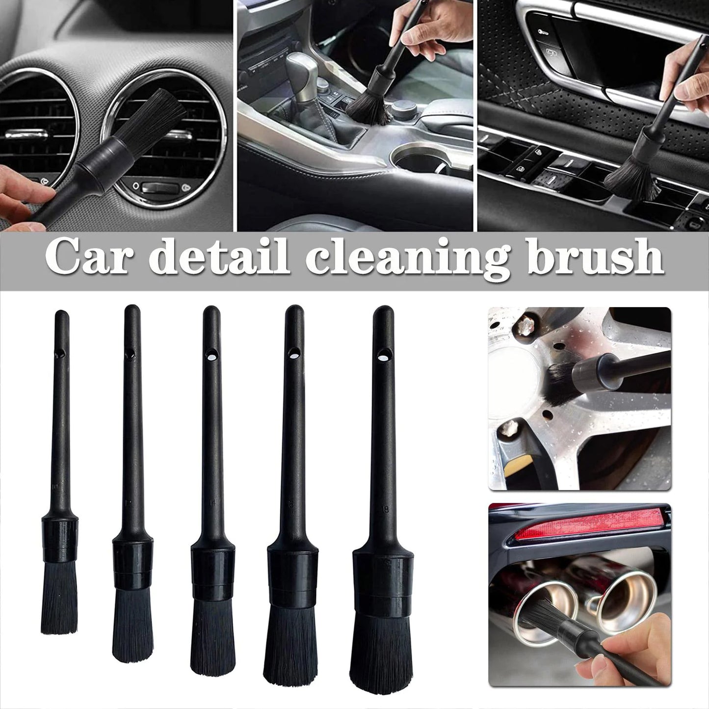 5PC Auto Detailing Brush Set Boar Hair for Wheels & Interiors