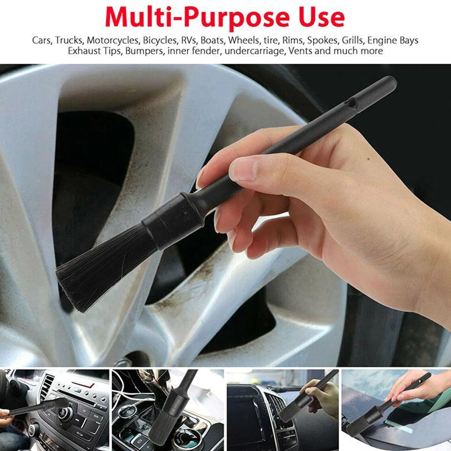 5PC Auto Detailing Brush Set Boar Hair for Wheels & Interiors